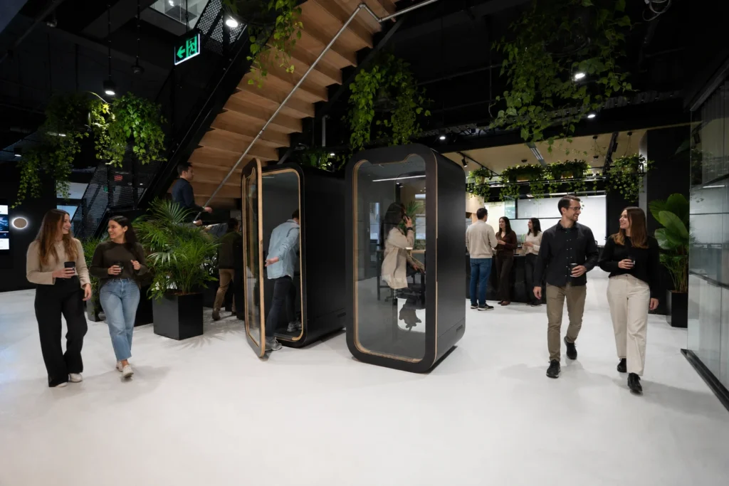 Small team working together in a modern coworking space