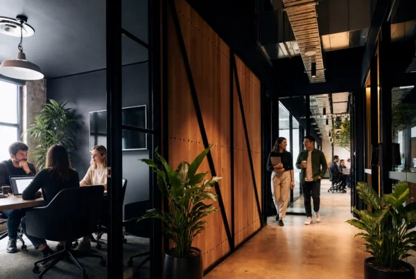 Small business team working together in a modern coworking space with flexible desks, meeting areas and greenery.