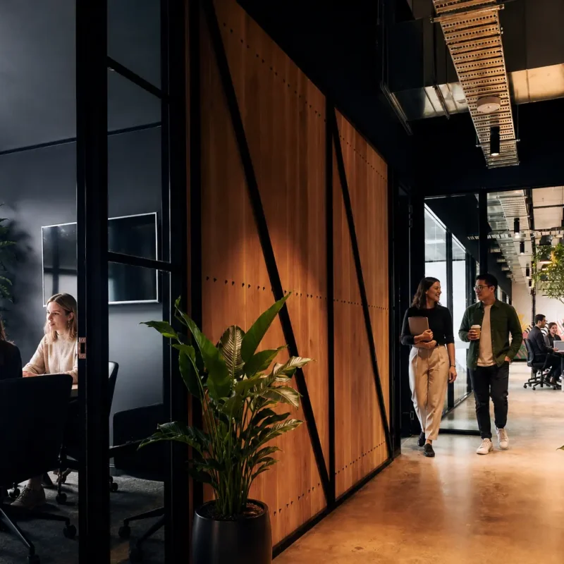 Small business team working together in a modern coworking space with flexible desks, meeting areas and greenery.