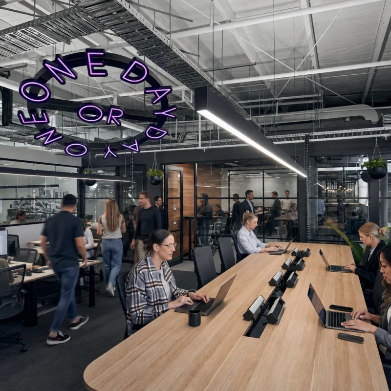 Freelancer working in a modern Australian coworking space with laptop, natural light and professional workspace setup