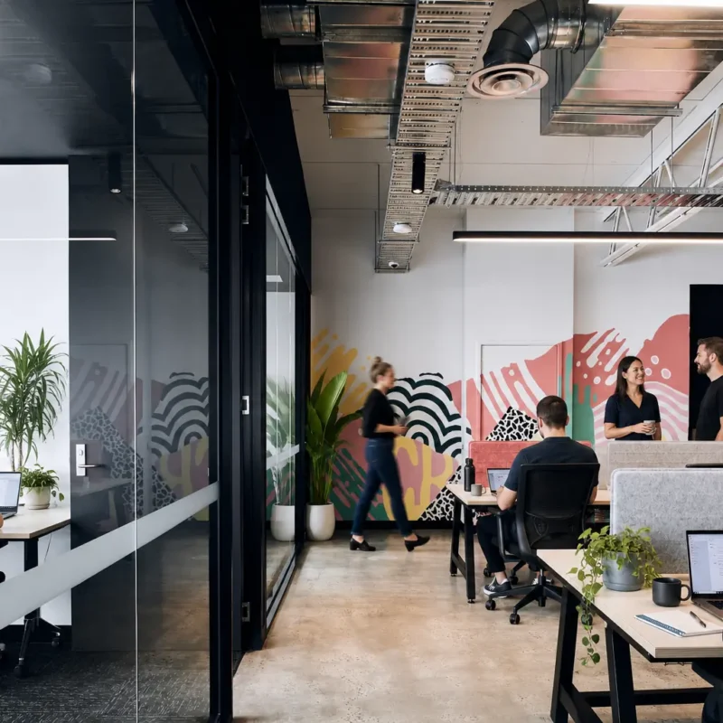 Professional firm team collaborating in a flexible office designed to improve employee engagement in traditional offices