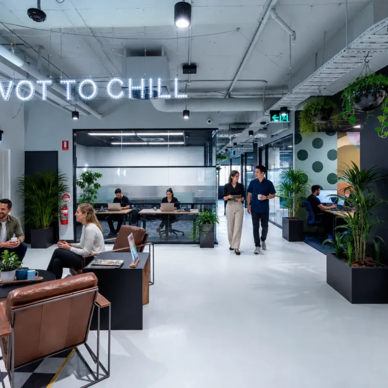 Employees from a professional firm collaborating in a flexible CreativeCubes.Co workspace