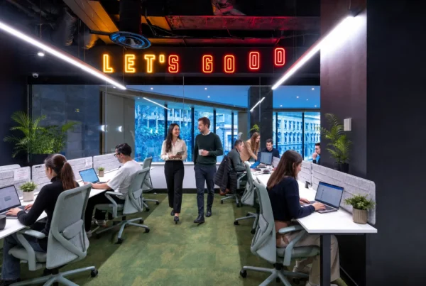 Small Melbourne business team collaborating inside a flexible serviced private office at CreativeCubes.Co