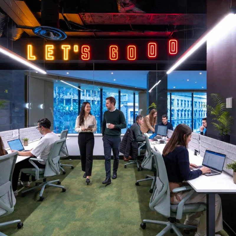 Small Melbourne business team collaborating inside a flexible serviced private office at CreativeCubes.Co
