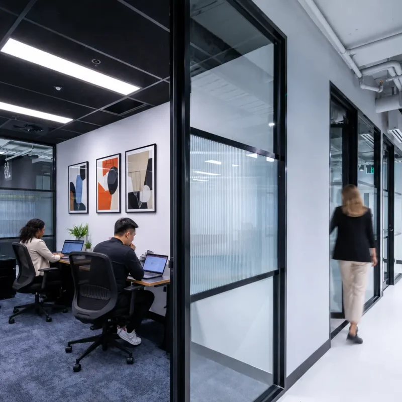 Growing team collaborating inside a private flexible office space at CreativeCubes.Co